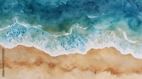 Beautiful beach with blue sea and waves on the sand seen from above. abstract watercolor painting Top down aerial view. background texture