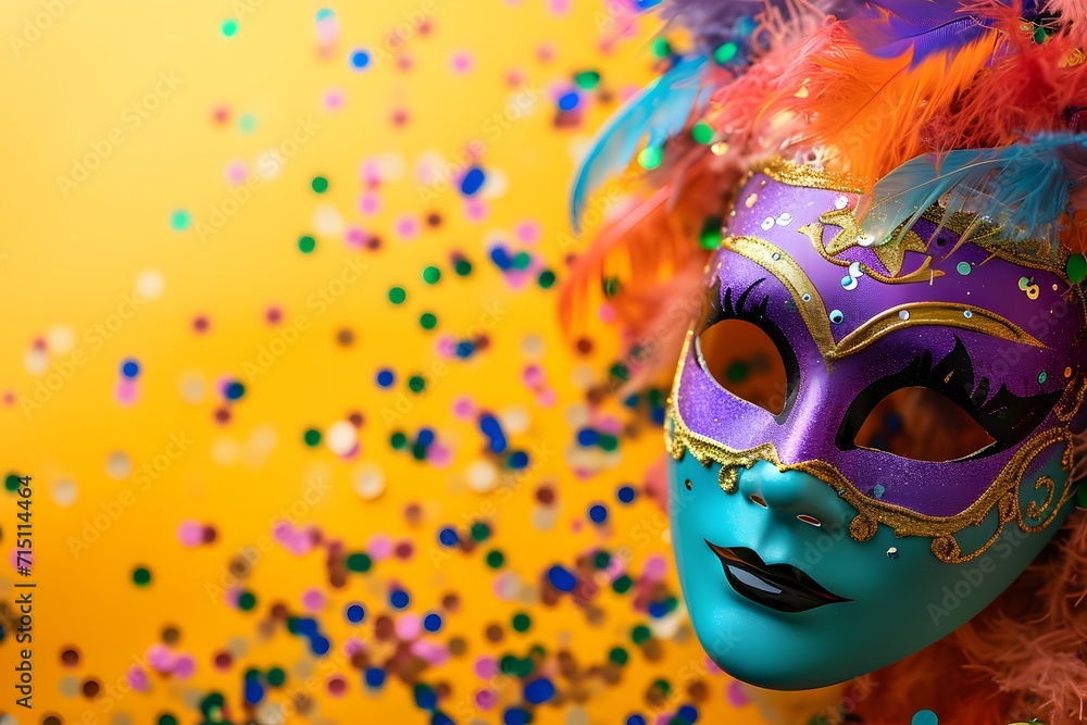 A vibrant carnival mask against a colorful confetti-strewn backdrop