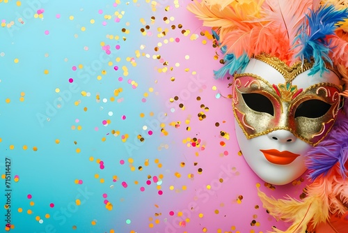 A vibrant carnival mask against a colorful confetti-strewn backdrop