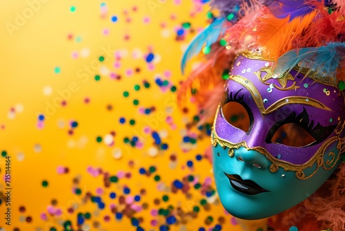 A vibrant carnival mask against a colorful confetti-strewn backdrop © Rax Qiu