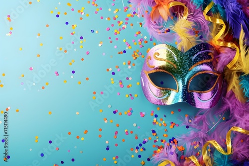 A vibrant carnival mask against a colorful confetti-strewn backdrop