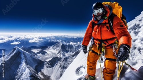 Mountain climber, wearing full oxygen, Walking, high altitude ridge