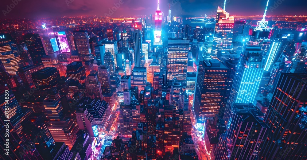 aerial view at night of times square in new york. city lights - obrazy, fototapety, plakaty 