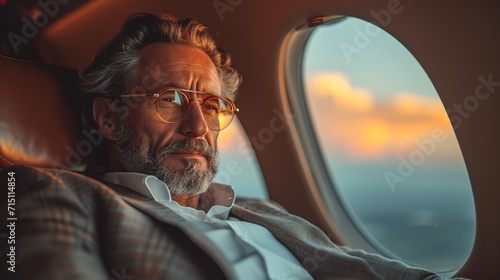 Businessman looking out of window of a private jet