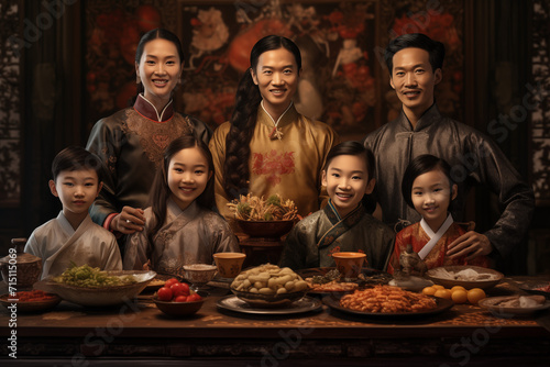Smiling Asian family during an Asian party. Asian festival and tradition. Culture  celebration and Asian cuisine.    China. Japan. AI.        