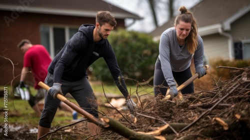 Young couple clearing up storm debris from the drive of their house. photo