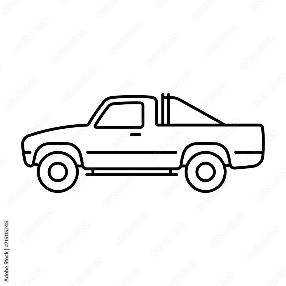 Off-road pickup truck icon. Black contour linear silhouette. Editable strokes. Side view. Vector simple flat graphic illustration. Isolated object on a white background. Isolate.