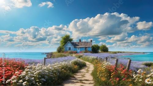 Daisy field  pathway  cottage  daisy field  cloud  blue sky  sea view  vibrant colors