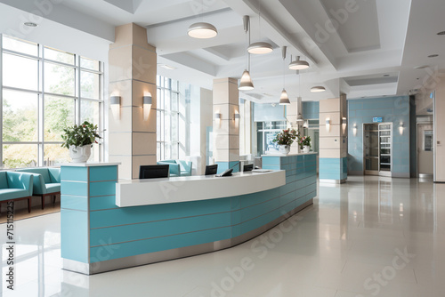 Bright modern interior of the medical center hall. Generated by artificial intelligence © Vovmar
