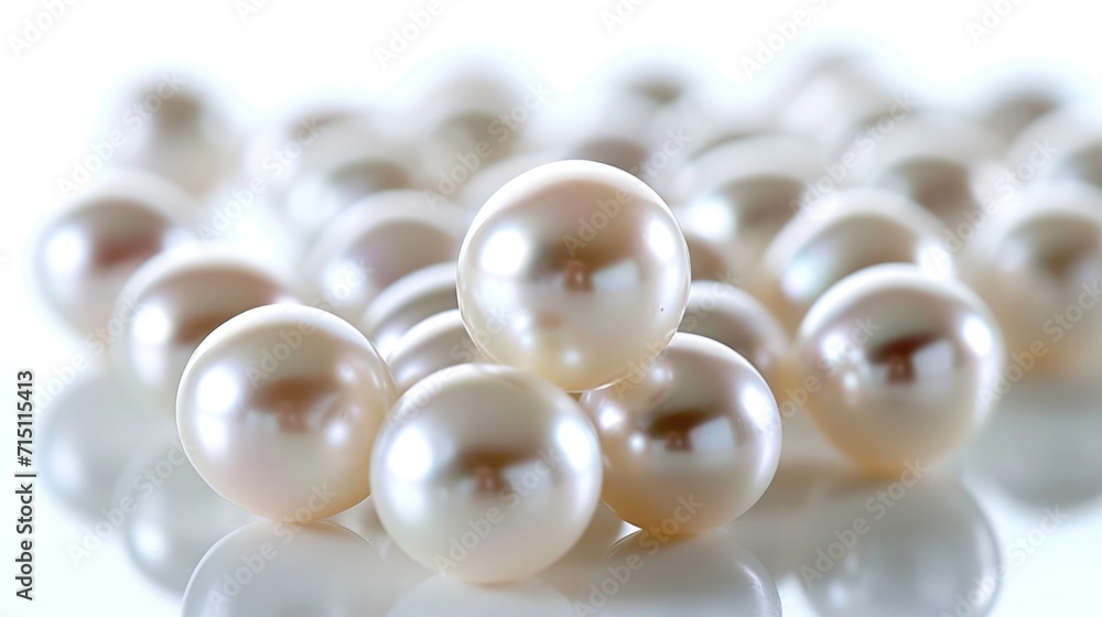 Multiple pearls scattered loosely, their varied shapes and sizes creating a natural and organic feel, presented on a bright white background to accentuate their purity and luster Multiple pearls scattered loosely, their varied shapes and sizes creating a natural and organic feel, presented on a bright white background to accentuate their purity and luster