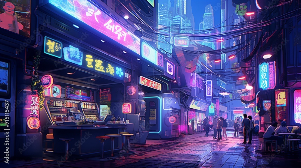 A cyberpunk alleyway filled with neon lights, holographic advertisements, and futuristic street vendors