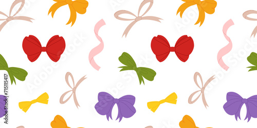 Charming Seamless Vector Pattern with Pink, Red and Yellow Bows on. Ideal Repeatable Design, Perfect for Various Applications Such as Textiles and Wrapping Paper