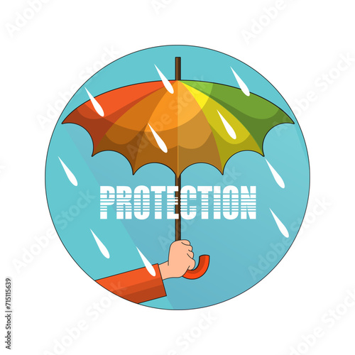 Hand with an umbrella and the inscription - protection. Round icon, sign, symbol, emblem. Vector illustration
