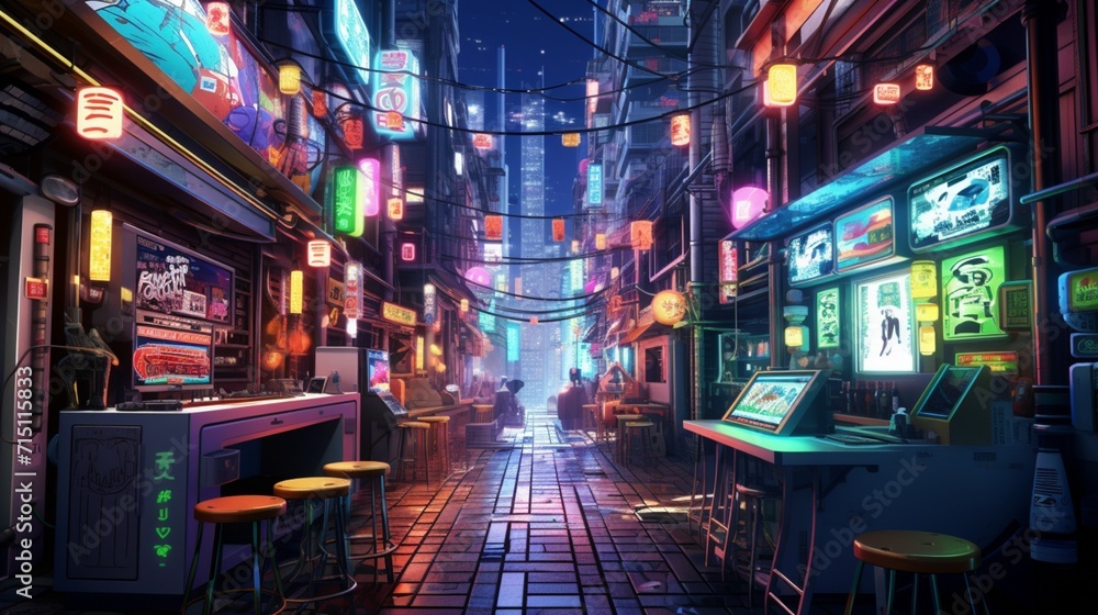 A cyberpunk alleyway filled with neon lights, holographic advertisements, and futuristic street vendors