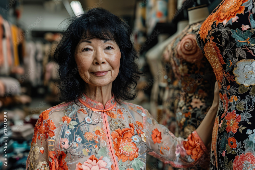 asian senior woman wearing traditional japanese clothes in the market