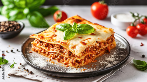 Traditional Italian lasagna with bolognese sauce and basil on a plate