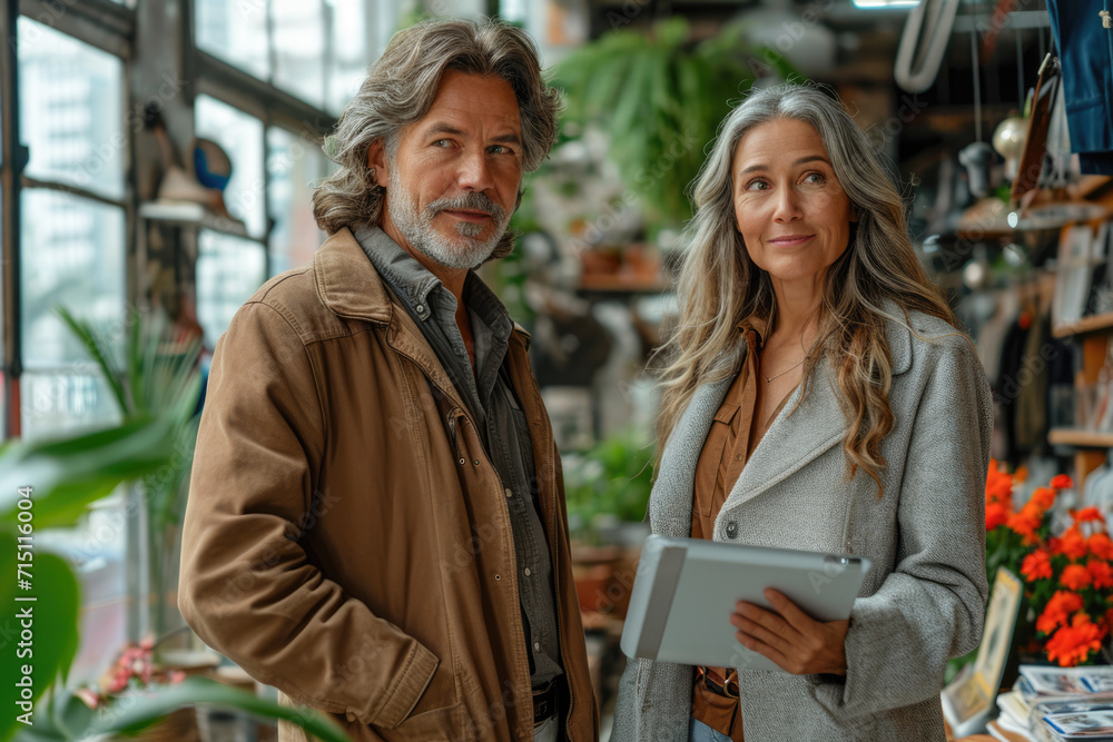 Portrait of mature couple using digital tablet while standing in flower shop