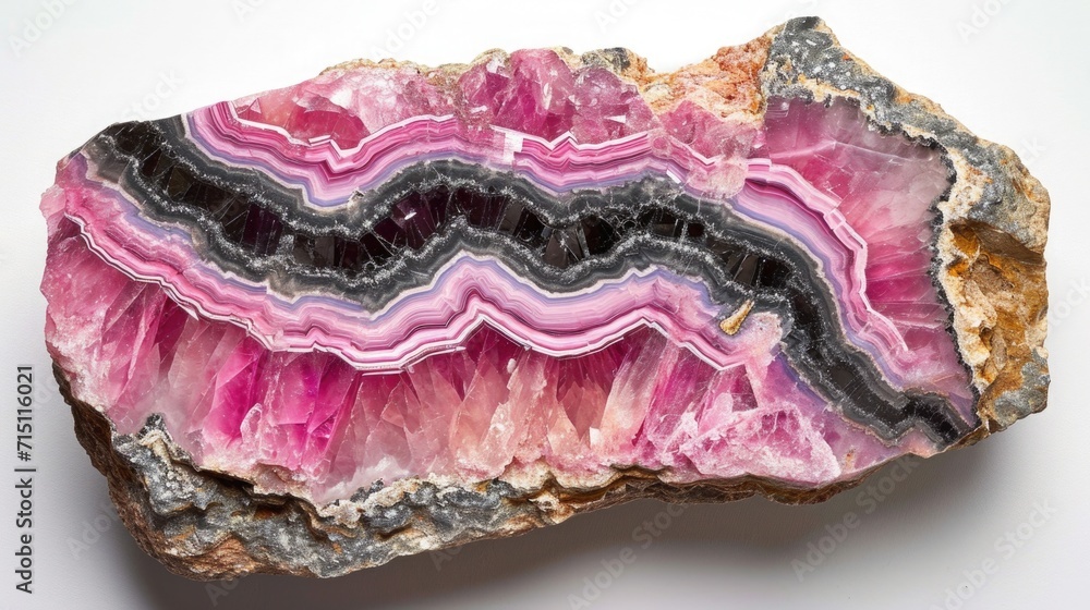 Rodonite displaying its stunning pink and black patterns, elegantly laid out on a white background