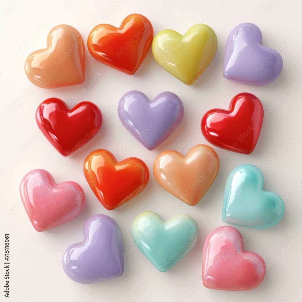 A collection of glossy candy hearts in multiple colors neatly arranged, on a white background, representing love, emotions and celebrations.