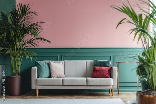 Uma sala de estar super confortável e aconchegante. Possui sofá claro e quadro na parede. Tudo em uma linda paleta de cor viva e natural. photo