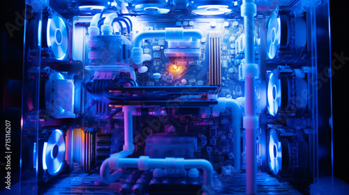 blue CPU cooler inside PC case