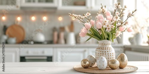 Happy easter! Easter eggs and tulips on kitchen table with cozy home background. photo