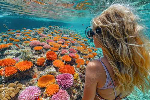 Cute little girl looking at colorful tropical coral reef in the ocean © PixelGallery