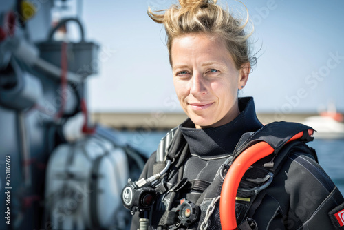 Portrait of young female scuba diver standing in front of camera © PixelGallery
