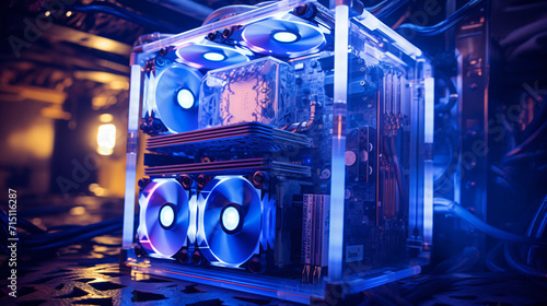 blue CPU cooler inside PC case