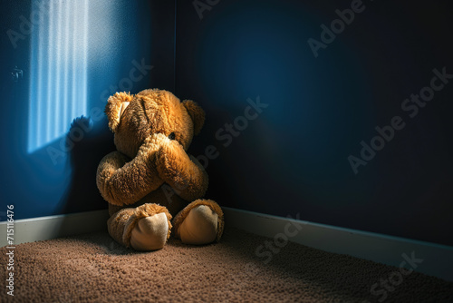 Concealing the Pain: Illustrating the Concept of Child Abuse with a Teddy Bear Shielding Its Eyes photo