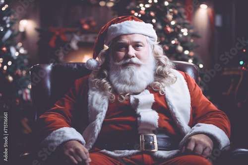 Santa Claus Christmas Xmas Christmas funny santa claus. Santa Claus seated in a chair in a room with a christmas tree. 