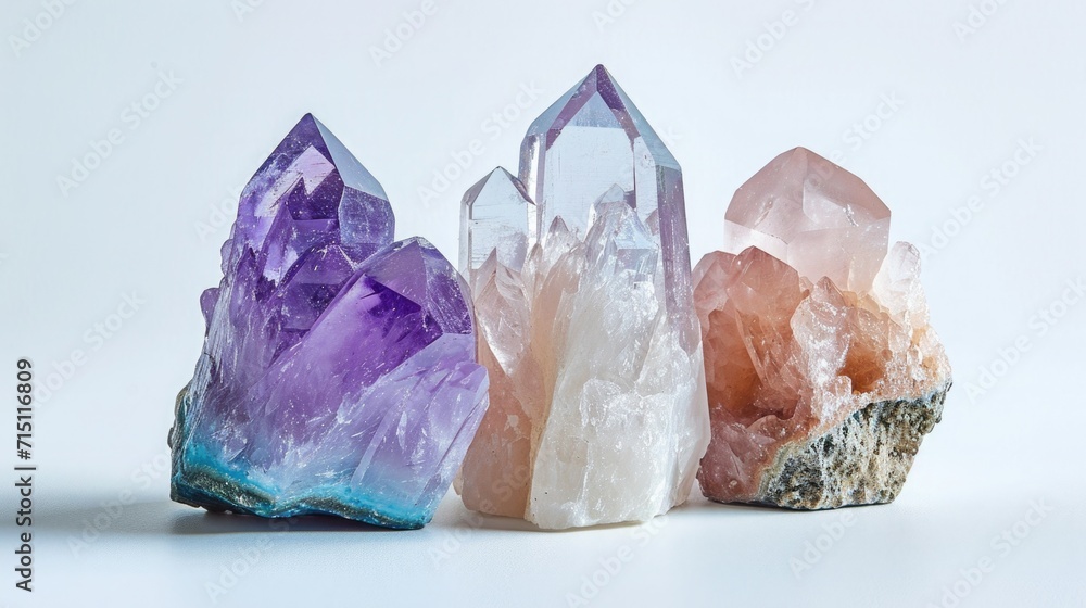 Spiritual assembly of soothing Amethyst, celestial Moonstone, and loving Rose Quartz, beautifully arranged on a white surface Spiritual assembly of soothing Amethyst, celestial Moonstone, and loving Rose Quartz, beautifully arranged on a white surface
