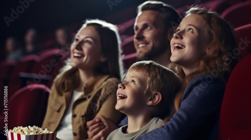 Young family, happily, smiling, looking up at cinema screen with popcorn