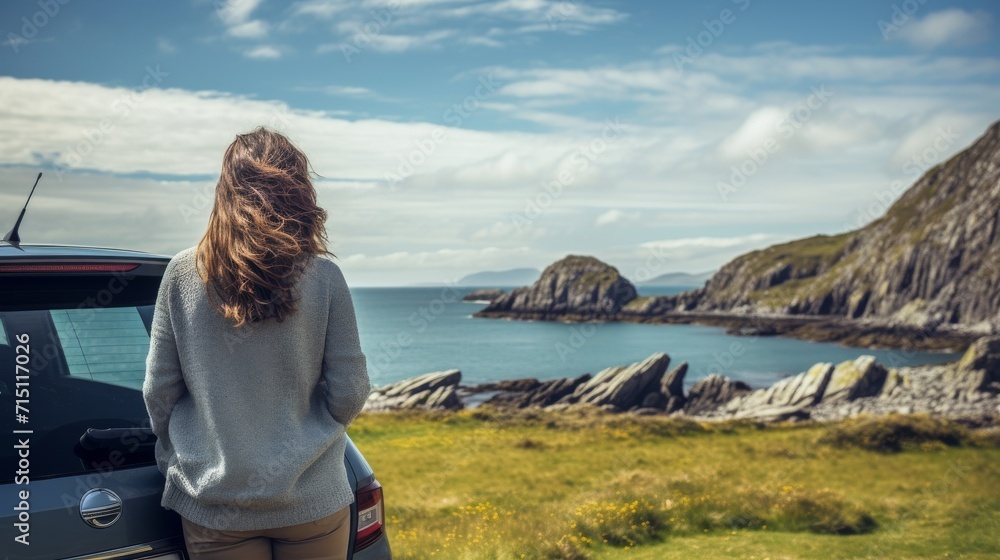 Solitary woman, looking at dramatic coastal cliffs, lush with green vegetation surrounded by jagged rocks and grey seas. 
