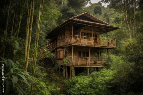 Bamboo house amidst dense wilderness. Generative AI © Dariel