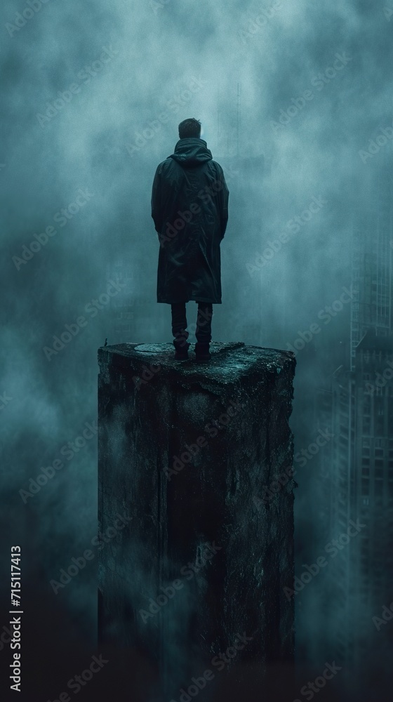 A man on the ledge of a building looking down. Businessman standing in concrete building looking away. Person on parapet thinking about problems. - obrazy, fototapety, plakaty 