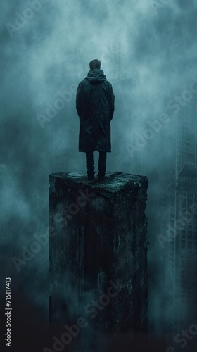 A man on the ledge of a building looking down. Businessman standing in concrete building looking away. Person on parapet thinking about problems. photo