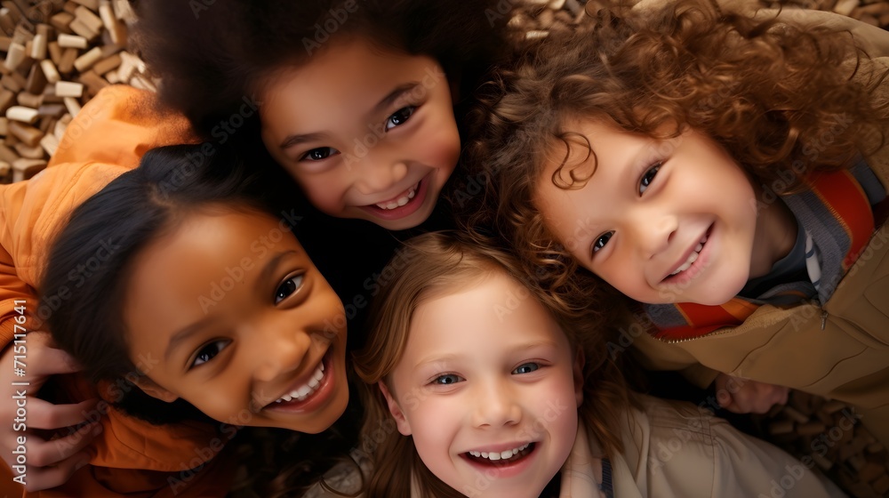 A diverse group of 5 children look down at the camera with the sun behind A diverse group of 5 children look down at the camera with the sun behind