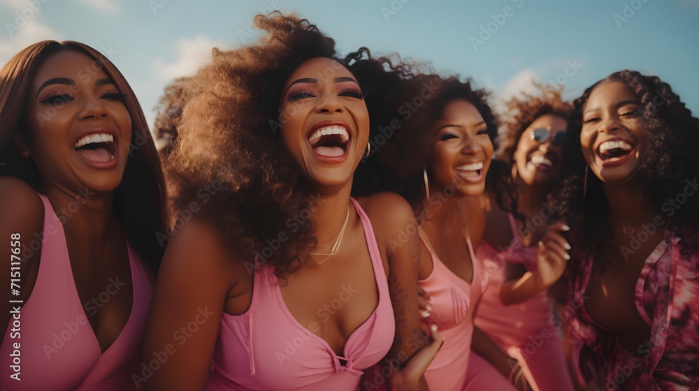 Fototapeta premium A group of black ladies dressed in pink, laugh and enjoy the summer weather