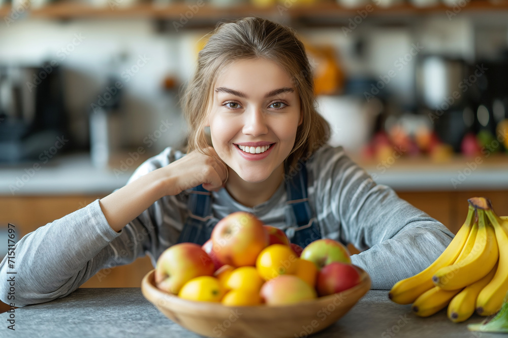 Girl in overalls sitting at a table with a bowl of fruits and bananas. Girl in overalls sitting at a table with a bowl of fruits and bananas.