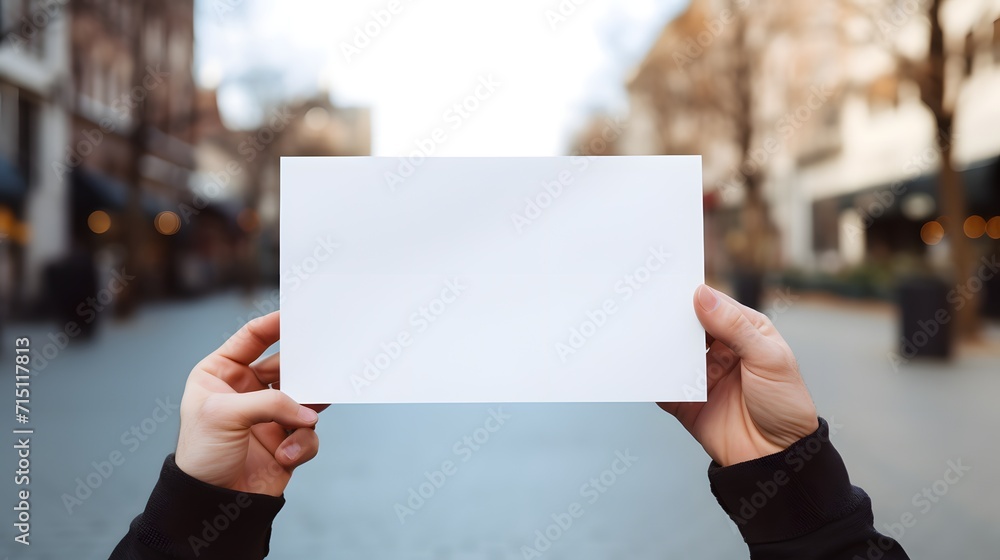 Holding empty blank board over backgroundd outdoors Holding empty blank board over backgroundd outdoors