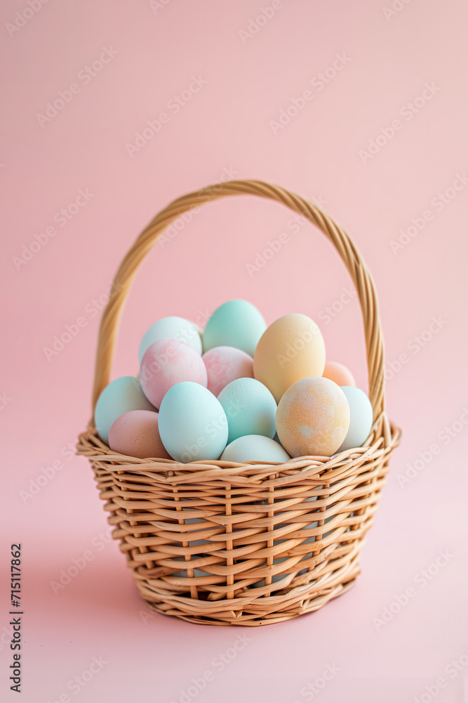 Cute Pastel colored eggs in the basket on the light pink background