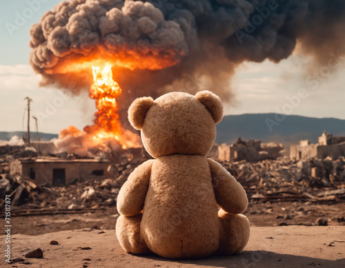 Teddy bear sitting on the ground in front of a big explosion during the war
