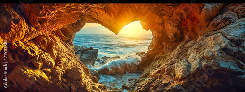 valentine's day. A majestic view from within a cave, framing a heart-shaped opening that overlooks the ocean bathed in the golden light of sunset, creating a romantic and serene seascape