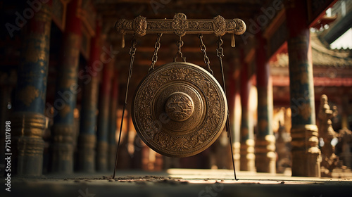 Gong at the Temple: At the entrance of a tranquil temple, a gong stands silent photo