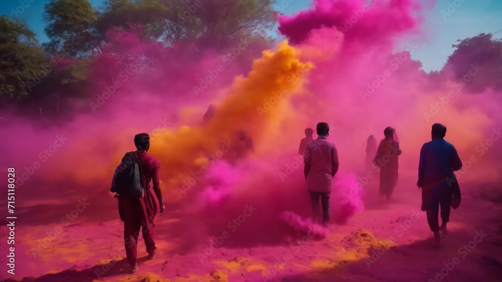 Abstract template on dust powder explosion Holi backdrop. Indian traditional Holiday, generative AI