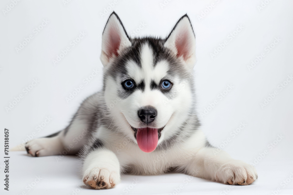 Closeup Full Body Photograph of a Happy Siberian Huskey Puppy Lying Down with a Playful Smile, Isolated on a Solid White Background