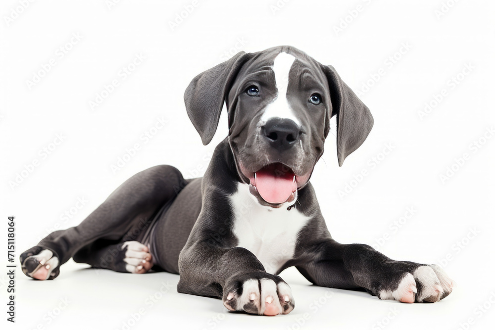 Closeup Full Body Photograph of a Happy Great Dane Puppy Lying Down with a Playful Smile, Isolated on a Solid White Background