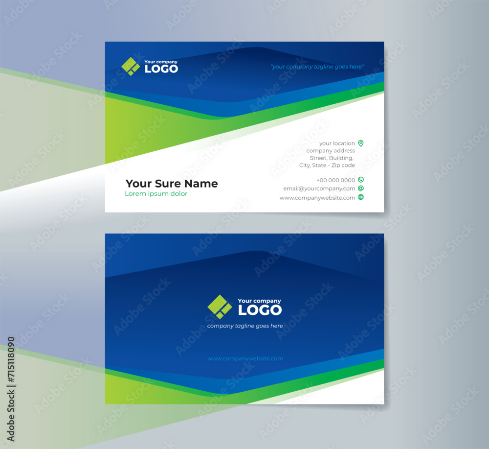 Set of double sided business card templates design with blue and green abstract shape on white background