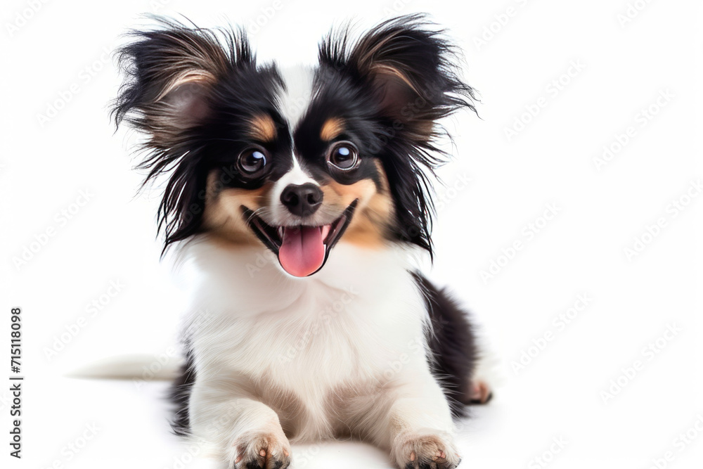 Closeup Full Body Photograph of a Happy Puppy Papillon Lying Down with a Playful Smile, Isolated on a Solid White Background Closeup Full Body Photograph of a Happy Puppy Papillon Lying Down with a Playful Smile, Isolated on a Solid White Background